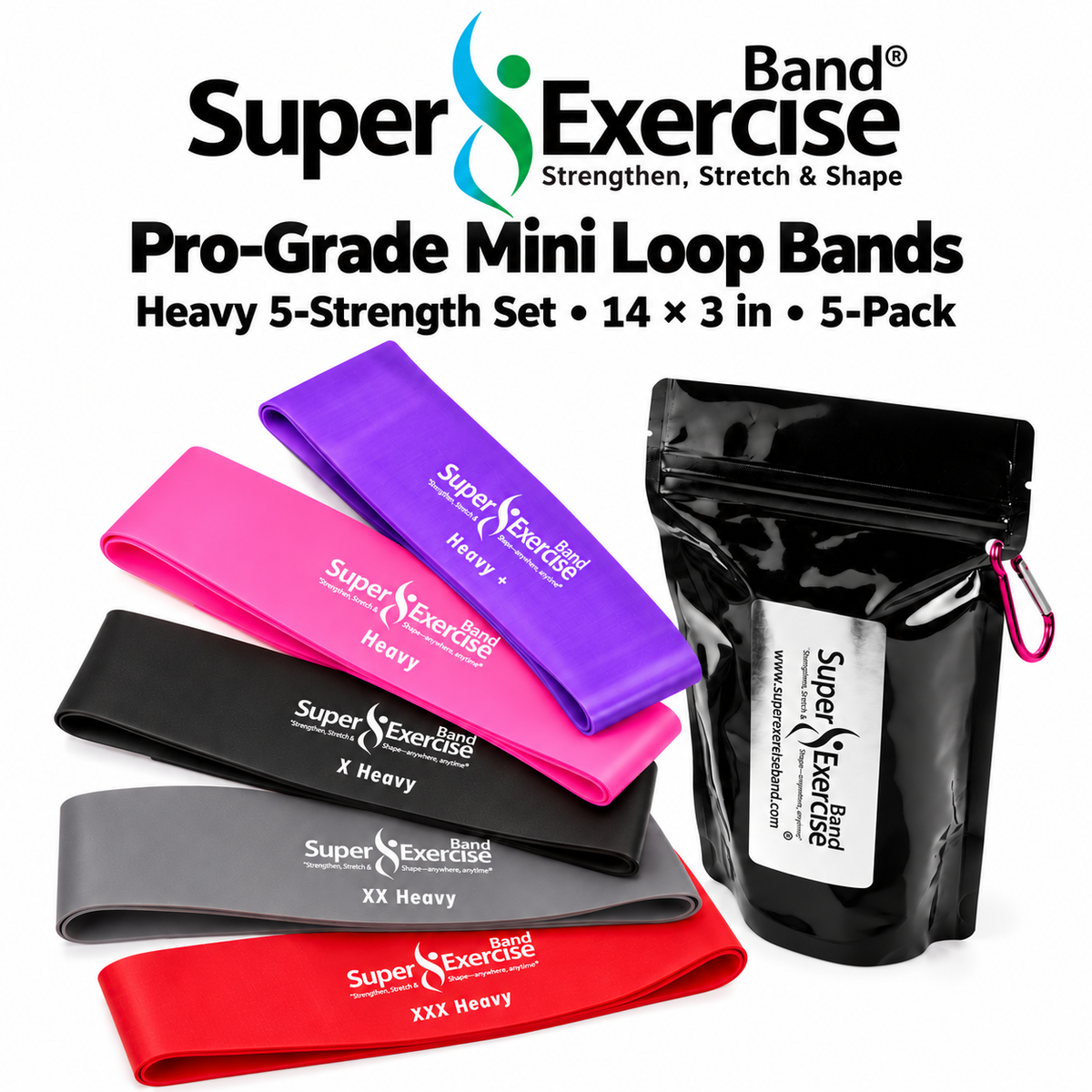 Super Exercise Band Mini Loop Bands 14x3 in, Heavy 5 Strength Set, 5 Pack