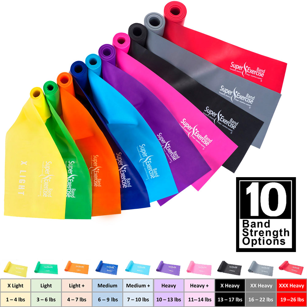 7 Ft. Resistance Band, Medium Strength (6 - 9 lbs. Tension), Blue, Latex Free. Travel Pouch and Mini Door Anchor Included. - Super Exercise Band