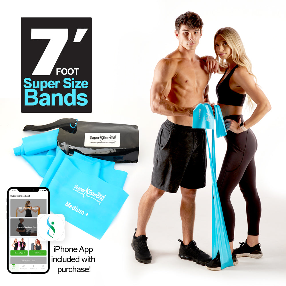 7 Ft. Resistance Band, Medium+ Strength (7 - 10 lbs. Tension), Sky Blue, Latex Free. Travel Pouch and Mini Door Anchor Included. - Super Exercise Band