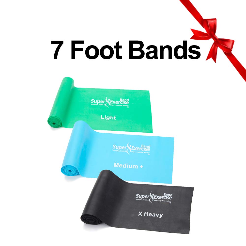 Super Exercise Band USA Ultimate Gift Box. Includes Three 7-Ft Long Latex Free Resistance Bands, Three Loop Bands, Accessories, iPhone App, and E-Book. Fitness Present.