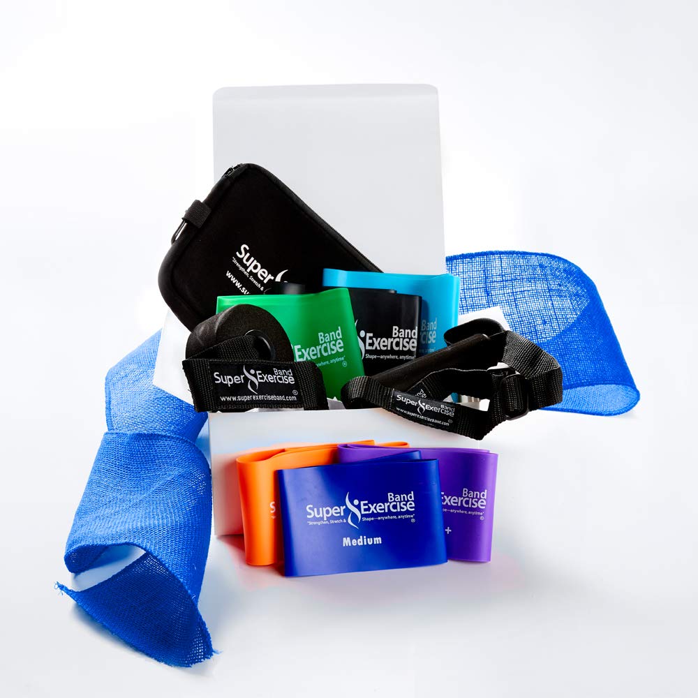 Super Exercise Band USA Ultimate Gift Box. Includes Three 7-Ft Long Latex Free Resistance Bands, Three Loop Bands, Accessories, iPhone App, and E-Book. Fitness Present.