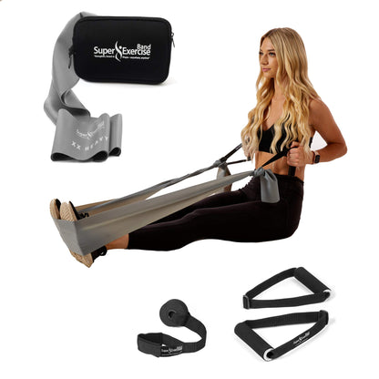 Super Exercise Band USA X Heavy 7 ft. Flat Resistance Band with Handles and Large Door Anchor. Plus E-Book and Zipper Pouch. for Gym, Physical Therapy, Yoga, Pilates, Rehab, Chair, Desk, Workouts.