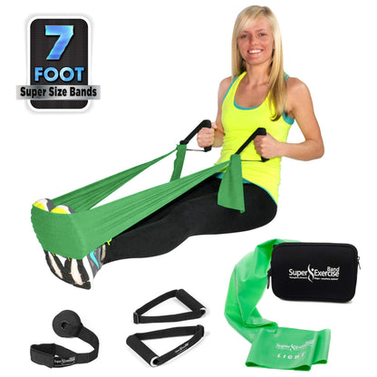 Super Exercise Band USA X Light 7 ft. Flat Resistance Band with Handles and Large Door Anchor. Plus E-Book and Zipper Pouch. for Gym, Physical Therapy, Yoga, Pilates, Rehab, Chair, Desk, Workouts.