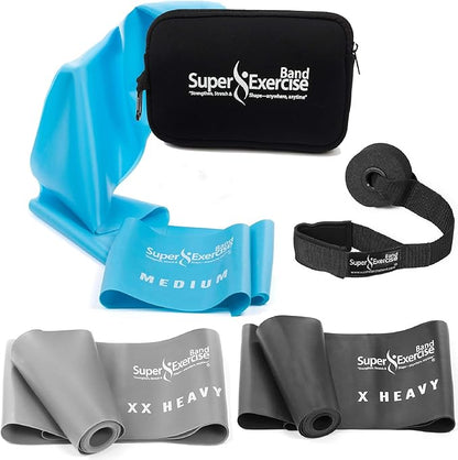 USA 7 ft. Long Resistance Bands Set of 3. iPhone App, E-Book, Door Anchor, and Zipper Pouch Included. Light, Medium or Heavy Strength for Gym Training, Physical Therapy, Yoga. - Super Exercise Band