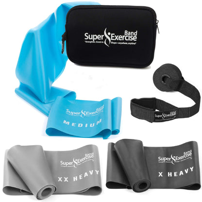 Super Exercise Band 7 ft Resistance Bands Set of 3. Ideal Fitness Gift Kit in X Heavy Strength Latex Free Bands for Strength Training or Physical Therapy with Door Anchor, Carry Pouch, ebook.