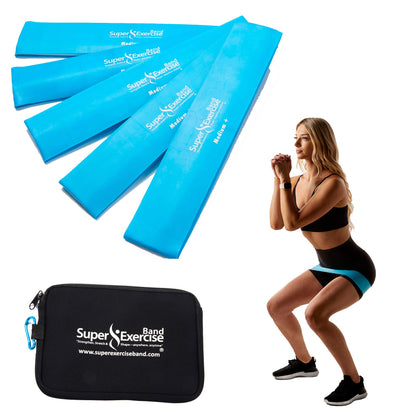 Super Exercise Band 5 Pack 14" x 3" Extra Long Sky Blue Medium + Strength Mini Loop Bands. Non-Latex Resistance for Fitness, Physical Therapy, Pilates, and Strength Training.