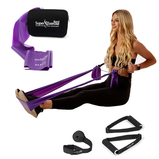 Super Exercise Band USA Heavy 7 ft. Flat Resistance Band with Handles and Large Door Anchor. Plus E-Book and Zipper Pouch. for Gym, Physical Therapy, Yoga, Pilates, Rehab, Chair, Desk, Workouts.