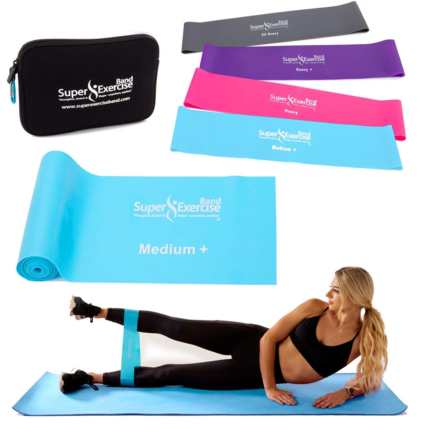 Super Exercise Band 14” x 3” Long Medium Strength Mini Loop Bands and Sky Blue Flat Band Set. Latex Free Resistance Bands for Physical Therapy, Pilates, Stretch, Yoga, Strength Training Workouts.