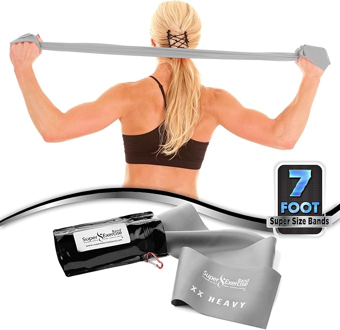 USA 7 ft. Long Resistance Bands Set of 3. iPhone App, E-Book, Door Anchor, and Zipper Pouch Included. Light, Medium or Heavy Strength for Gym Training, Physical Therapy, Yoga. - Super Exercise Band