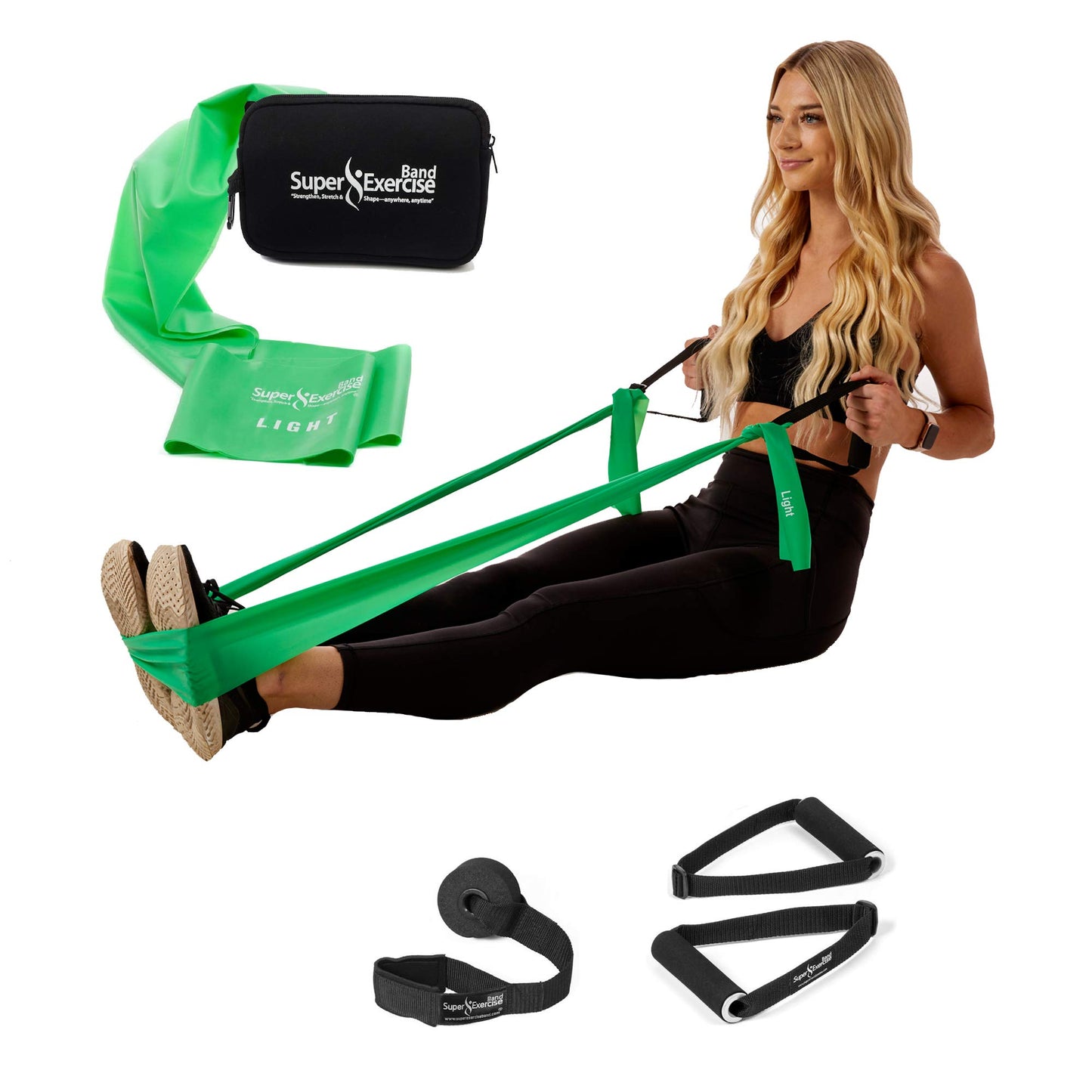 Super Exercise Band USA 7 ft. Flat Resistance Band with Handles and Large Door Anchor. Plus E-Book and Zipper Pouch. for Gym, Physical Therapy, Yoga, Pilates, Rehab, Chair, Desk, Workouts.