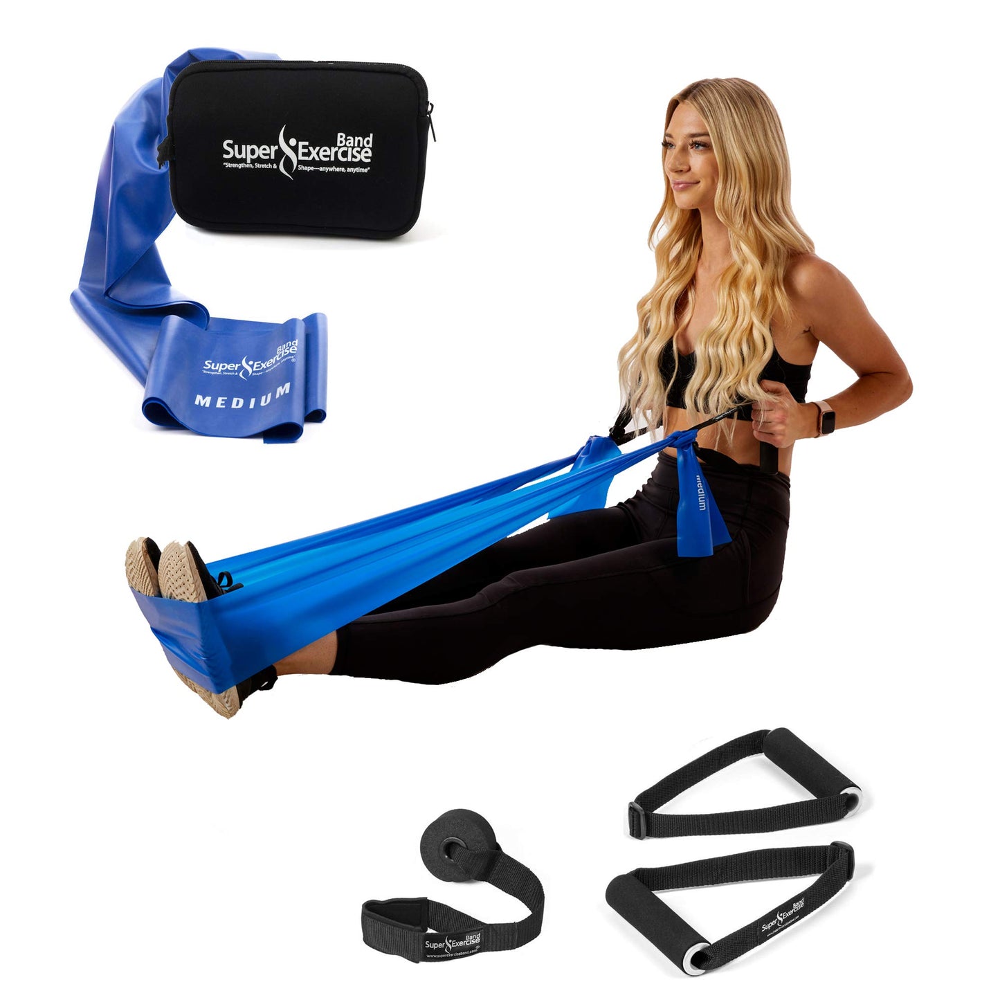 Super Exercise Band USA Medium 7 ft. Flat Resistance Band with Handles and Large Door Anchor. Plus E-Book and Zipper Pouch. for Gym, Physical Therapy, Yoga, Pilates, Rehab, Chair, Desk, Workouts.
