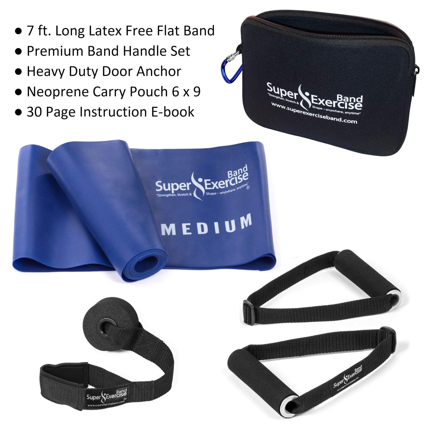 Super Exercise Band USA Medium 7 ft. Flat Resistance Band with Handles and Large Door Anchor. Plus E-Book and Zipper Pouch. for Gym, Physical Therapy, Yoga, Pilates, Rehab, Chair, Desk, Workouts.