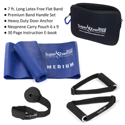 Super Exercise Band USA Medium 7 ft. Flat Resistance Band with Handles and Large Door Anchor. Plus E-Book and Zipper Pouch. for Gym, Physical Therapy, Yoga, Pilates, Rehab, Chair, Desk, Workouts.