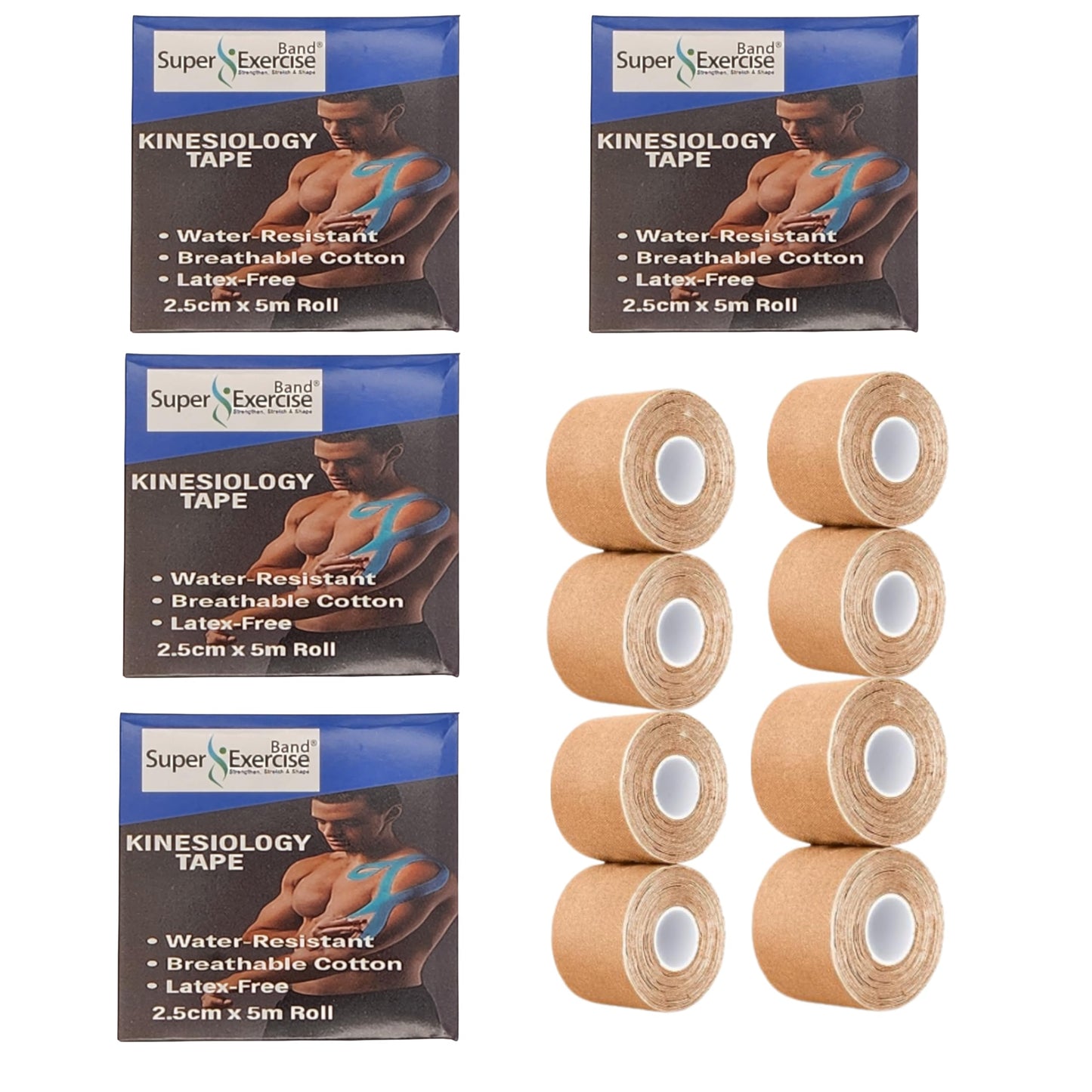 Super Exercise Band 1” Kinesiology Tape (2.5cm x 5m) – Latex-Free, Waterproof, Breathable Athletic Tape for Muscle, Joint & Injury Support – KT Tape for Shoulder, Knee, Back Pain Relief (Pack of Four)