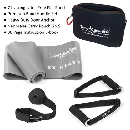 Super Exercise Band USA X Heavy 7 ft. Flat Resistance Band with Handles and Large Door Anchor. Plus E-Book and Zipper Pouch. for Gym, Physical Therapy, Yoga, Pilates, Rehab, Chair, Desk, Workouts.