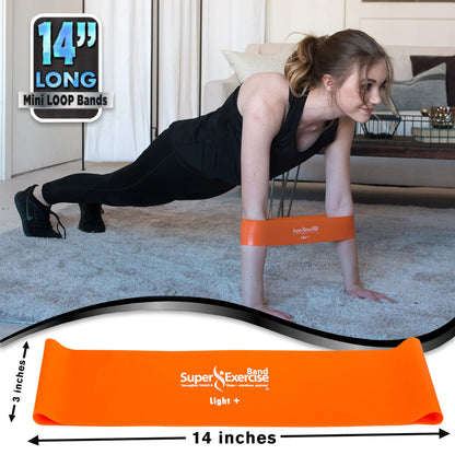 Super Exercise Band 14” x 3” Long Light Strength Mini Loop Bands and Green Flat Band Set. Latex Free Resistance Bands for Physical Therapy, Pilates, Stretch, Yoga, Strength Training Workouts.
