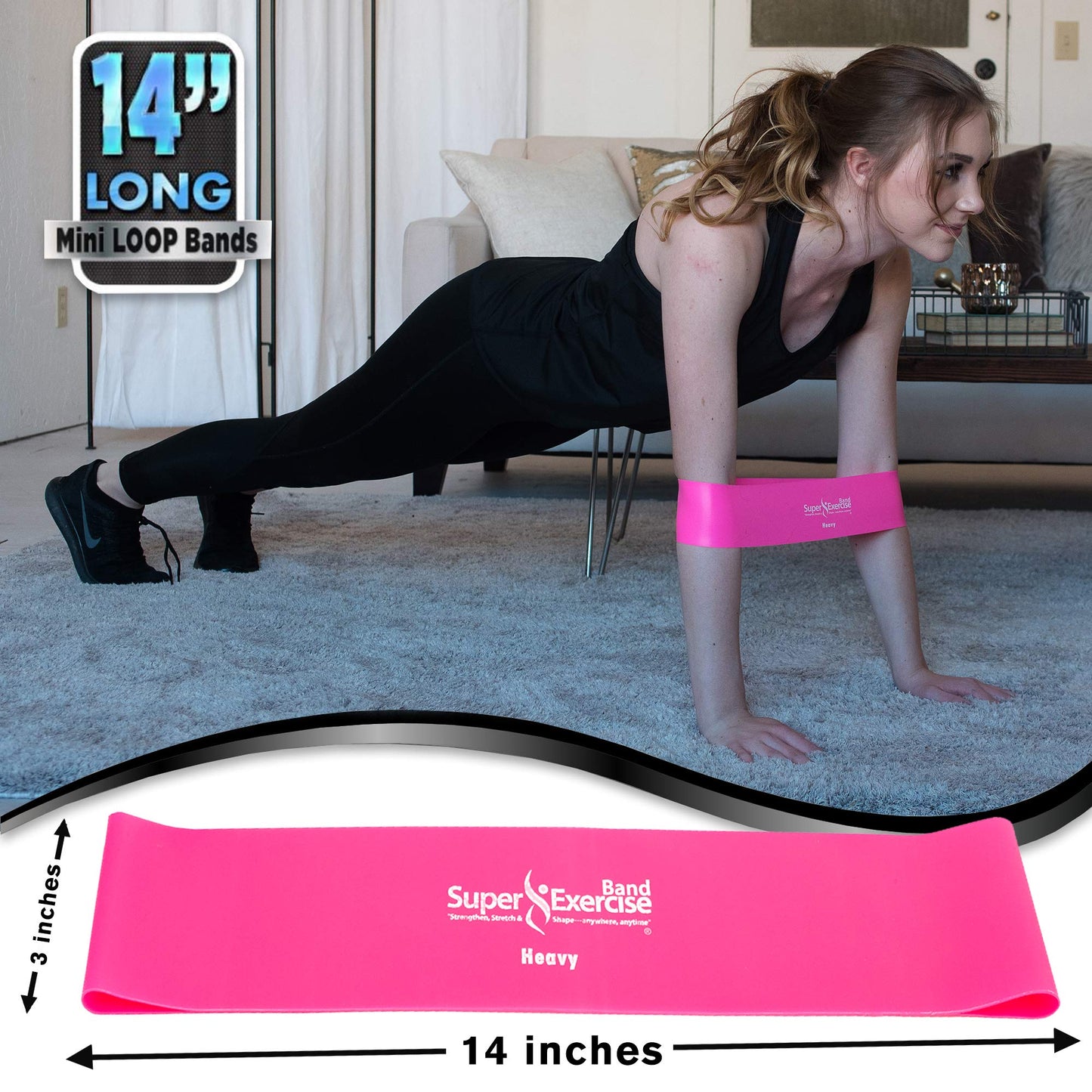 Super Exercise Band 14” x 3” Long Medium Strength Mini Loop Bands and Sky Blue Flat Band Set. Latex Free Resistance Bands for Physical Therapy, Pilates, Stretch, Yoga, Strength Training Workouts.