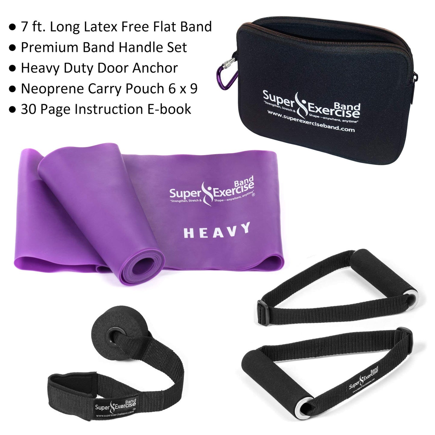 Super Exercise Band USA Heavy 7 ft. Flat Resistance Band with Handles and Large Door Anchor. Plus E-Book and Zipper Pouch. for Gym, Physical Therapy, Yoga, Pilates, Rehab, Chair, Desk, Workouts.