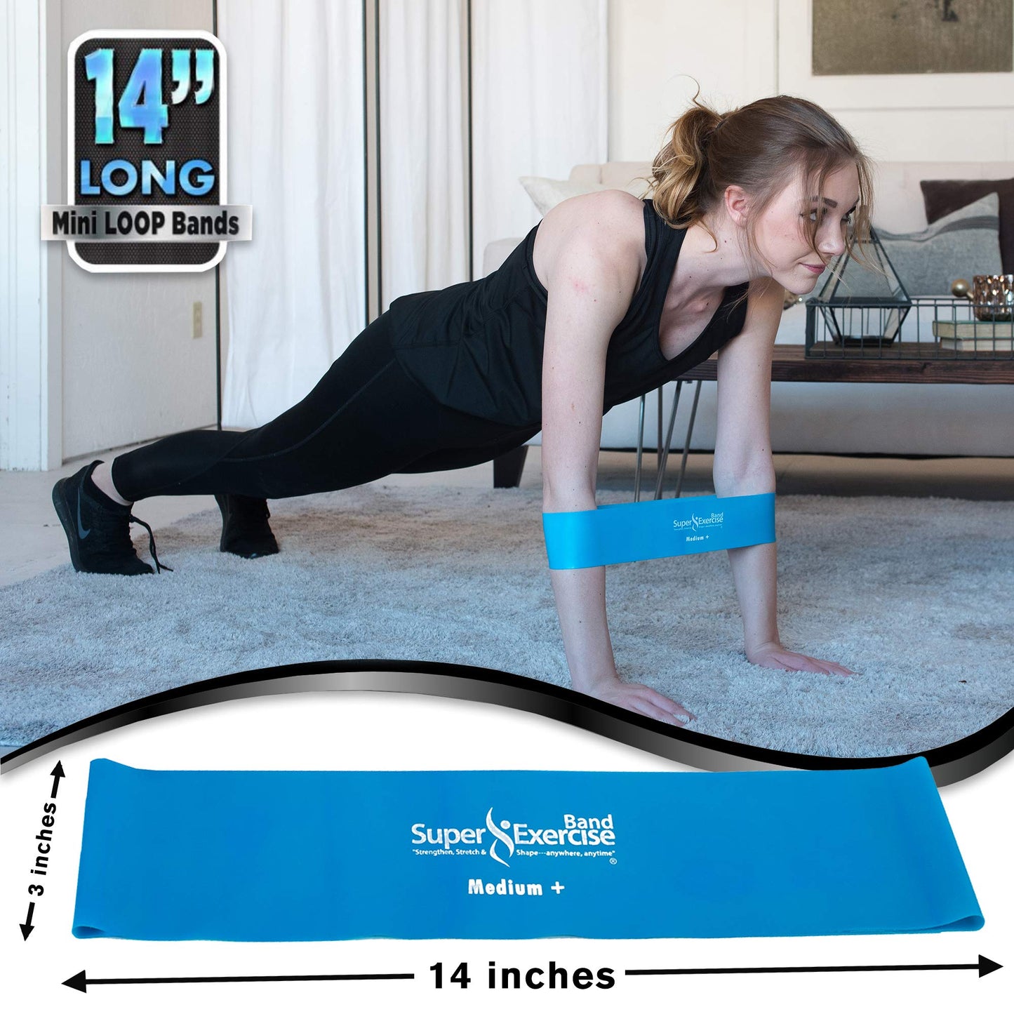 Super Exercise Band 5 Pack 14" x 3" Extra Long Sky Blue Medium + Strength Mini Loop Bands. Non-Latex Resistance for Fitness, Physical Therapy, Pilates, and Strength Training.