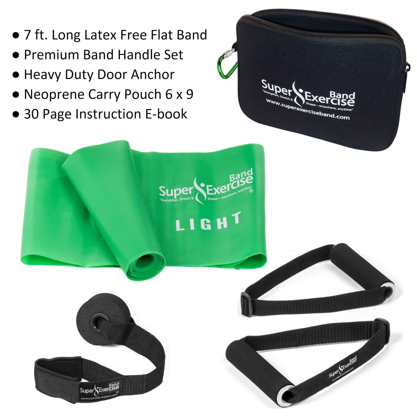 Super Exercise Band USA 7 ft. Flat Resistance Band with Handles and Large Door Anchor. Plus E-Book and Zipper Pouch. for Gym, Physical Therapy, Yoga, Pilates, Rehab, Chair, Desk, Workouts.