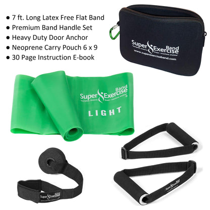 Super Exercise Band USA 7 ft. Flat Resistance Band with Handles and Large Door Anchor. Plus E-Book and Zipper Pouch. for Gym, Physical Therapy, Yoga, Pilates, Rehab, Chair, Desk, Workouts.