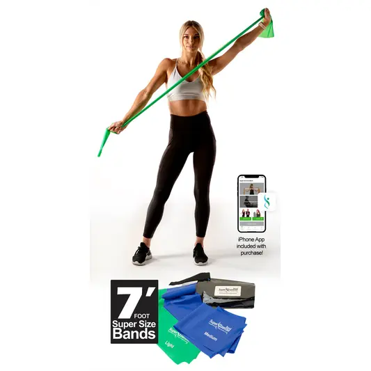 Two pack of 7 Ft. Resistance Bands. Latex Free. Carry Pouch and Mini Door Anchor Included.
