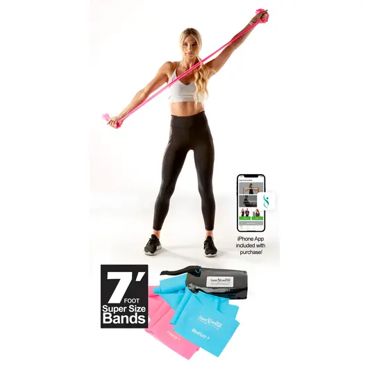 Two pack of 7 Ft. Resistance Bands. Latex Free. Carry Pouch and Mini Door Anchor Included.