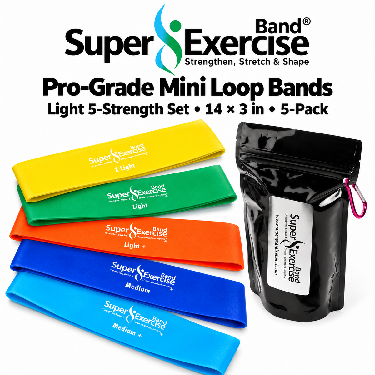 Super Exercise Band Mini Loop Bands 14x3 in, Light 5-Strength Set, 5-Pack