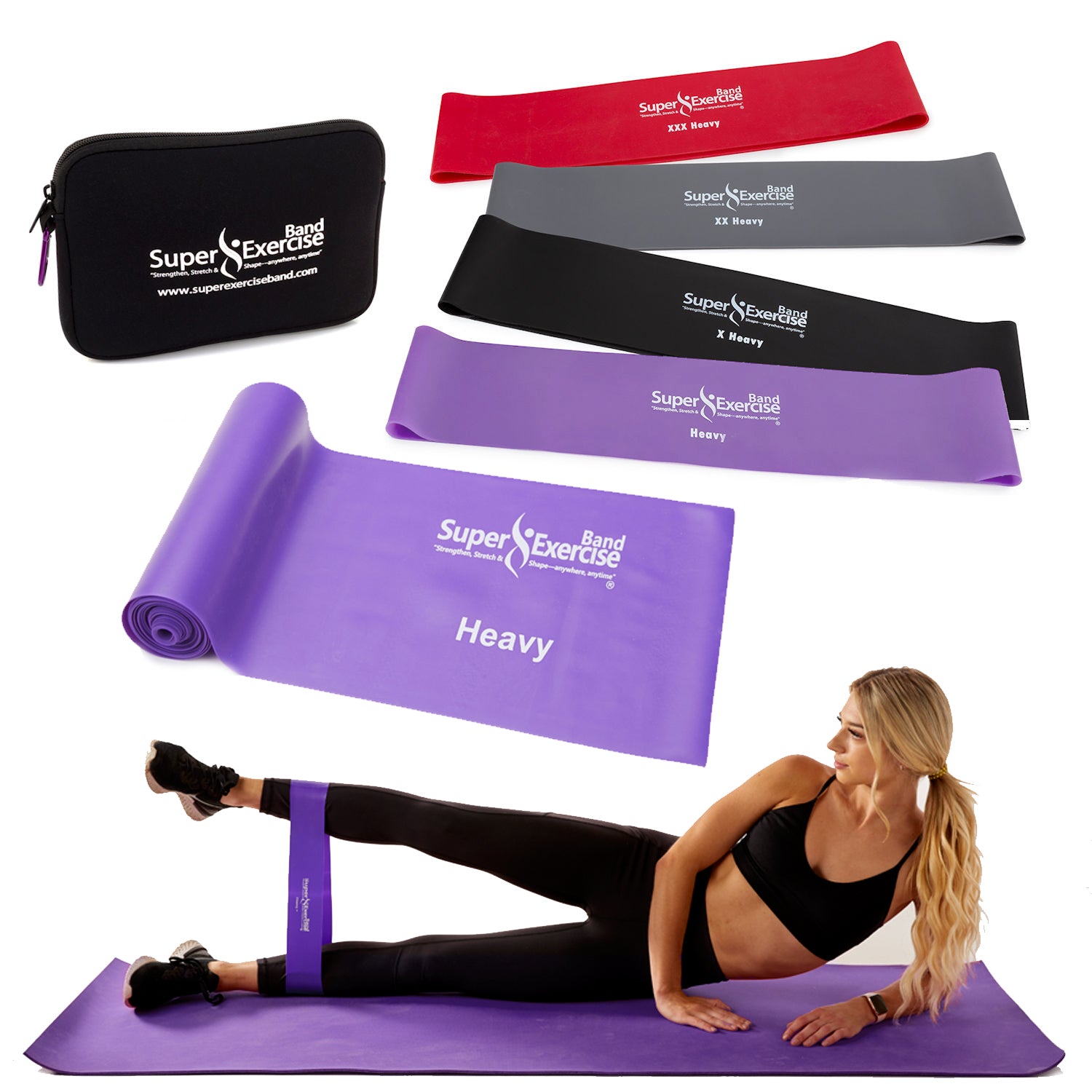 Mini Loop Bands 14” x 3” Long EXTRA HEAVY Strength and 7 ft. Purple Flat Band Set. Latex Free Resistance Bands. - Super Exercise Band