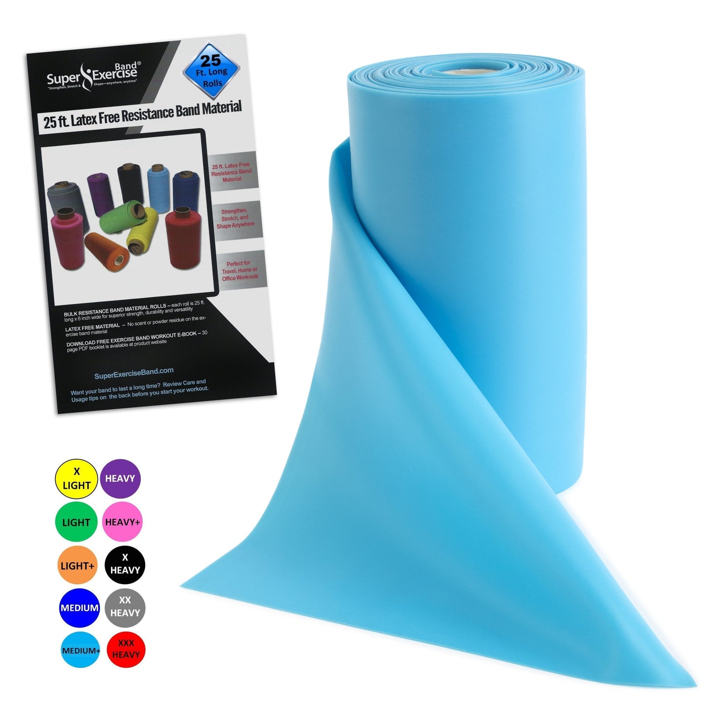 Sky Blue Resistance Band Bulk Roll – Medium+ Strength, Latex Free (50 ft)