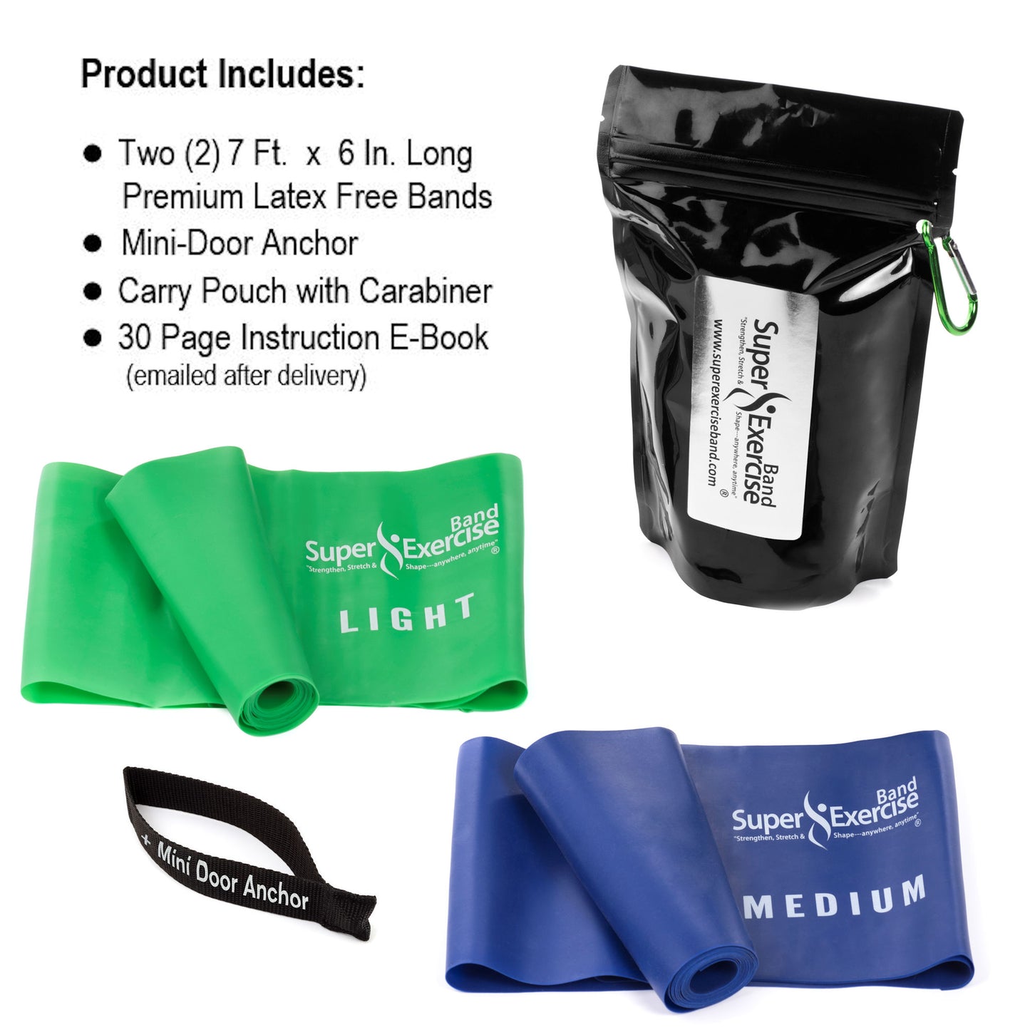 Super Exercise Band 7 ft. Resistance Bands 2 Set. Fitness Kit in Light and Medium Strength Latex Free Bands with Door Anchor, Carry Pouch, and eBook. - Super Exercise Band