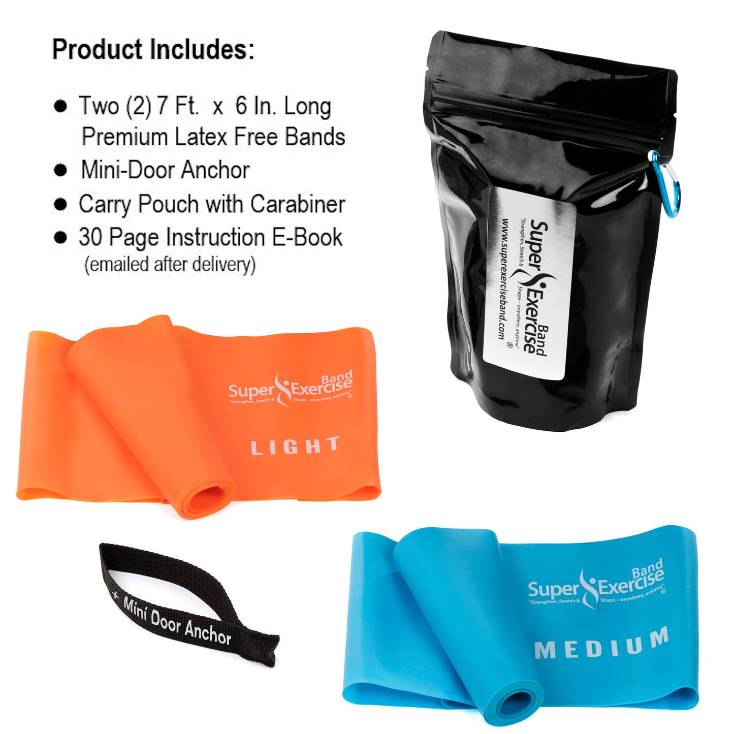 Super Exercise Band 7 ft. Resistance Bands Set of 2. Fitness Kit in Light+ and Medium+ Strength Latex Free Bands with Door Anchor, Carry Pouch & eBook - Super Exercise Band