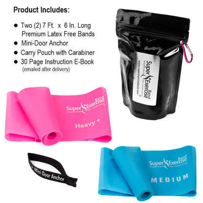 Super Exercise Band 7 ft. Resistance Bands Set of 2. Fitness Kit in Medium+ and Heavy+ Strength Latex Free Bands with Door Anchor, Carry Pouch & eBook - Super Exercise Band