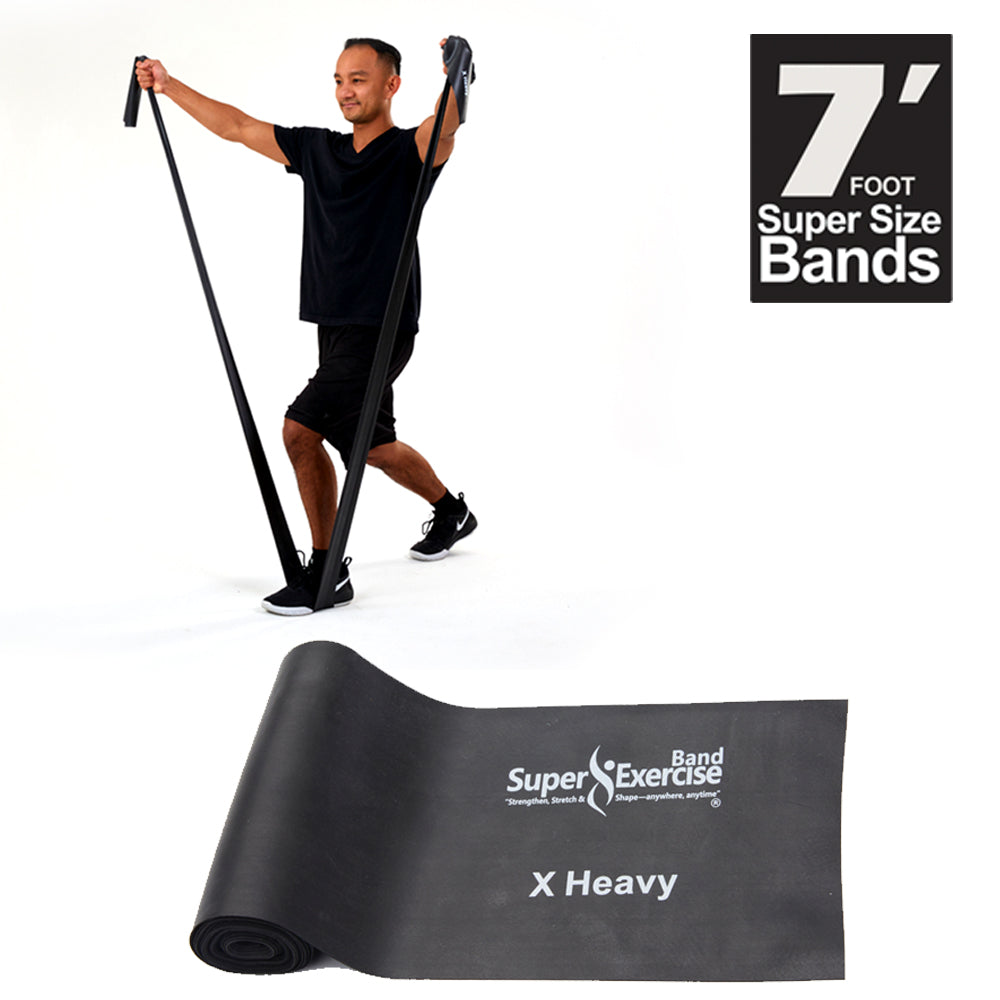 7 Ft. Resistance Band, X Heavy Strength (13 - 17 lbs. Tension), Black, Latex Free. Travel Pouch and Mini Door Anchor Included. - Super Exercise Band