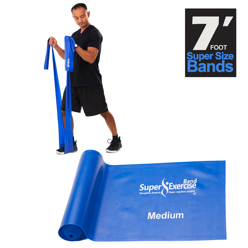 7 Ft. Resistance Band, Medium Strength (6 - 9 lbs. Tension), Blue, Latex Free. Travel Pouch and Mini Door Anchor Included. - Super Exercise Band