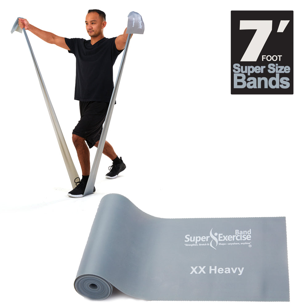 7 Ft. Resistance Band, XX Heavy Strength (16 - 22 lbs. Tension), Gray, Latex Free. Travel Pouch and Mini Door Anchor Included. - Super Exercise Band