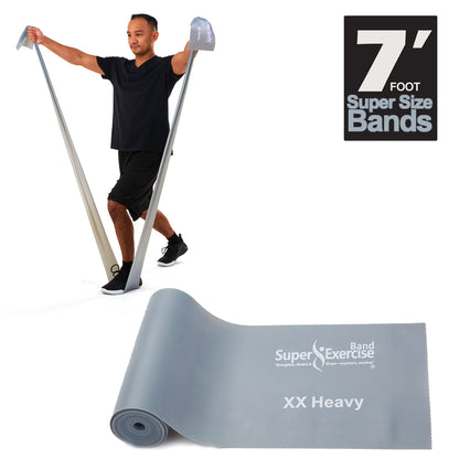 7 Ft. Resistance Band, XX Heavy Strength (16 - 22 lbs. Tension), Gray, Latex Free. Travel Pouch and Mini Door Anchor Included. - Super Exercise Band