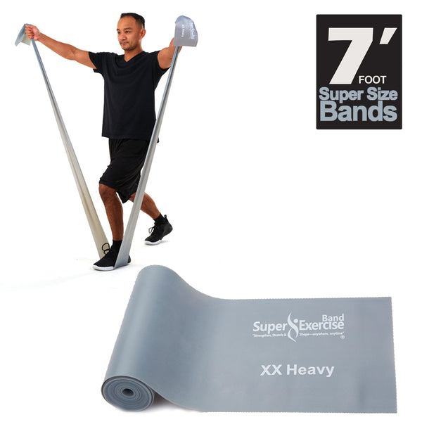 7 Ft. Resistance Band, XX Heavy Strength (16 - 22 lbs. Tension), Gray, Latex Free. Travel Pouch and Mini Door Anchor Included.