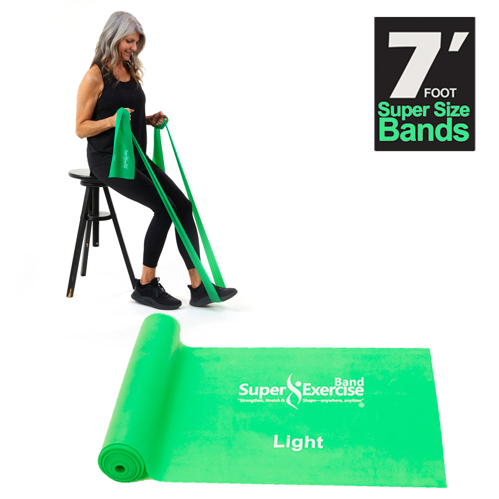 7 Ft. Resistance Band, Light Strength (3 - 6 lbs. Tension), Green, Latex Free. Travel Pouch and Mini Door Anchor Included. - Super Exercise Band