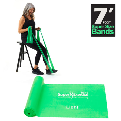 7 Ft. Resistance Band, Light Strength (3 - 6 lbs. Tension), Green, Latex Free. Travel Pouch and Mini Door Anchor Included. - Super Exercise Band