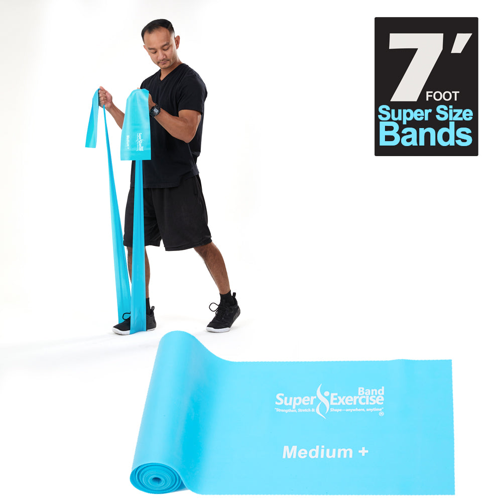 7 Ft. Resistance Band, Medium+ Strength (7 - 10 lbs. Tension), Sky Blue, Latex Free. Travel Pouch and Mini Door Anchor Included. - Super Exercise Band