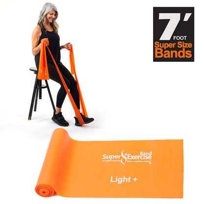7 Ft. Resistance Band, Light+ Strength (4 - 7 lbs. Tension), Orange, Latex Free. Travel Pouch and Mini Door Anchor Included. - Super Exercise Band