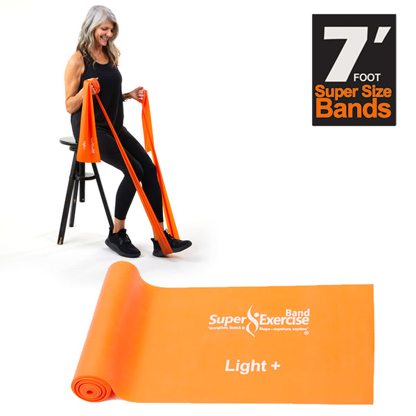 7 Ft. Resistance Band, Light+ Strength (4 - 7 lbs. Tension), Orange, Latex Free. Travel Pouch and Mini Door Anchor Included.