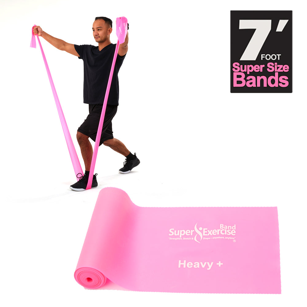 Super Exercise Band 7 ft. Resistance Bands Set of 2. Fitness Kit in Medium+ and Heavy+ Strength Latex Free Bands with Door Anchor, Carry Pouch & eBook - Super Exercise Band