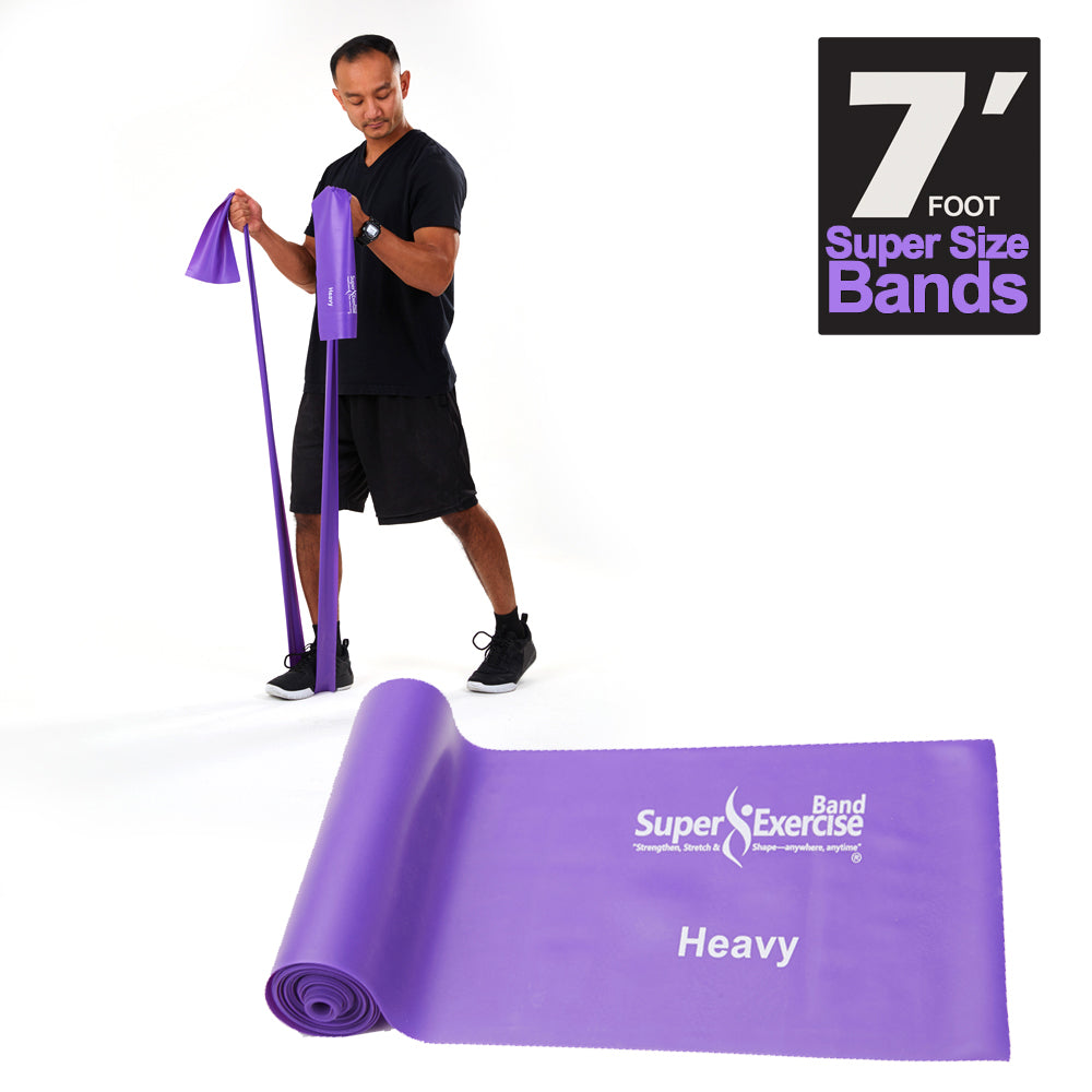7 Ft. Resistance Band, Heavy Strength (10 - 13 lbs. Tension), Purple, Latex Free. Travel Pouch and Mini Door Anchor Included. - Super Exercise Band