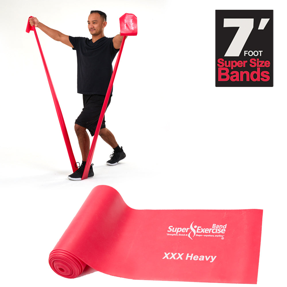 7 Ft. Resistance Band, XXX Heavy Strength (19 - 26 lbs. Tension), Red, Latex Free. Travel Pouch and Mini Door Anchor Included. - Super Exercise Band