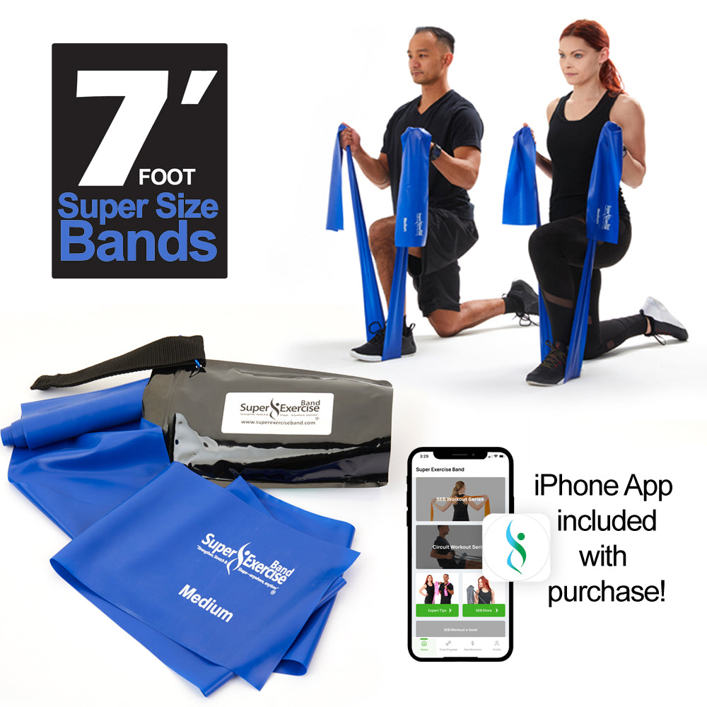 7 Ft. Resistance Band, Medium Strength (6 - 9 lbs. Tension), Blue, Latex Free. Travel Pouch and Mini Door Anchor Included. - Super Exercise Band