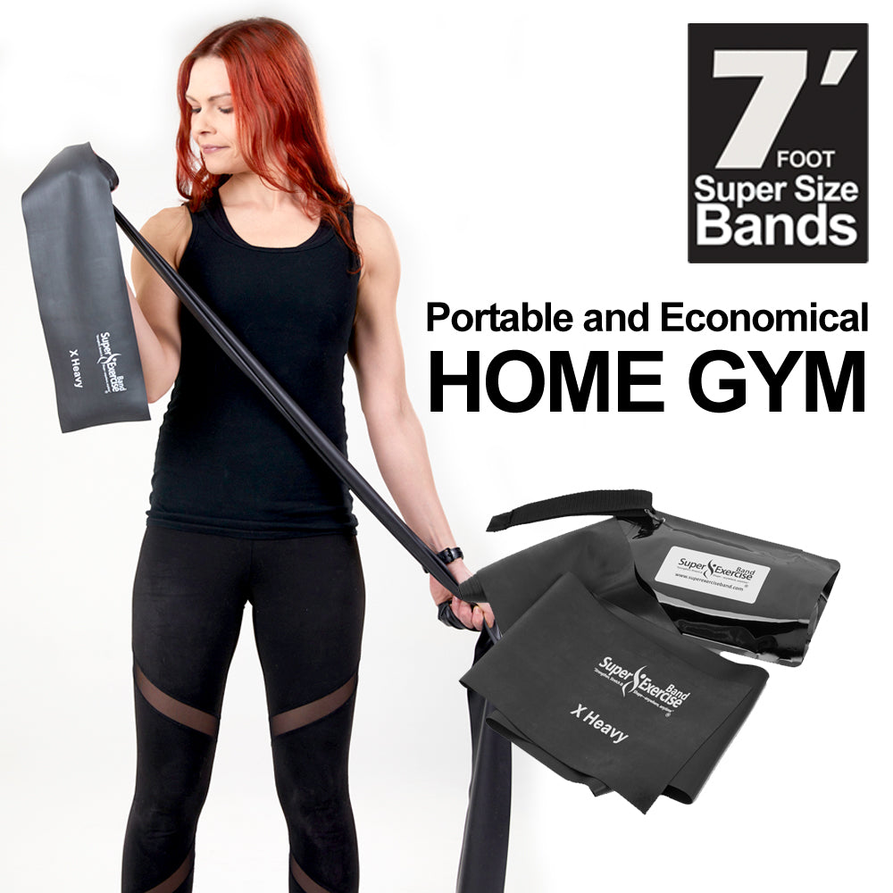7 Ft. Resistance Band, X Heavy Strength (13 - 17 lbs. Tension), Black, Latex Free. Travel Pouch and Mini Door Anchor Included. - Super Exercise Band