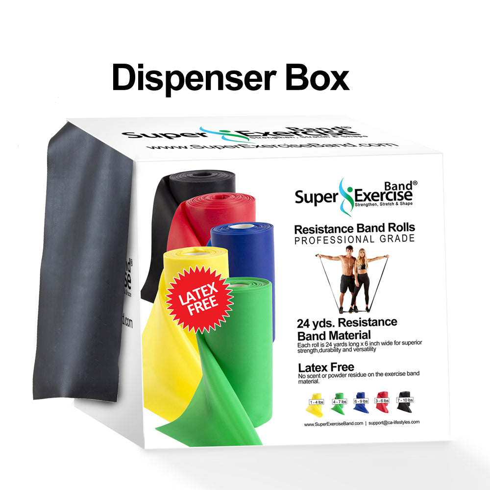 Black 24-Yard Resistance Band Bulk Roll. Advanced Level 1. Includes Dispenser Box. - Super Exercise Band