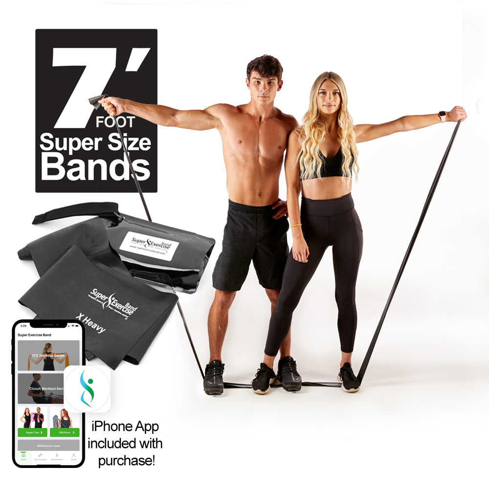 7 Ft. Resistance Band, X Heavy Strength (13 - 17 lbs. Tension), Black, Latex Free. Travel Pouch and Mini Door Anchor Included. - Super Exercise Band